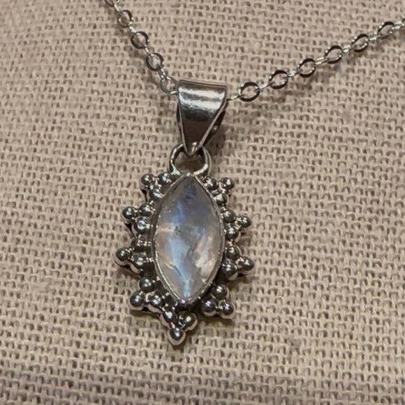 Jewelry - Rainbow Moonstone Faceted Marquise Halo Pendant Sterling Silver